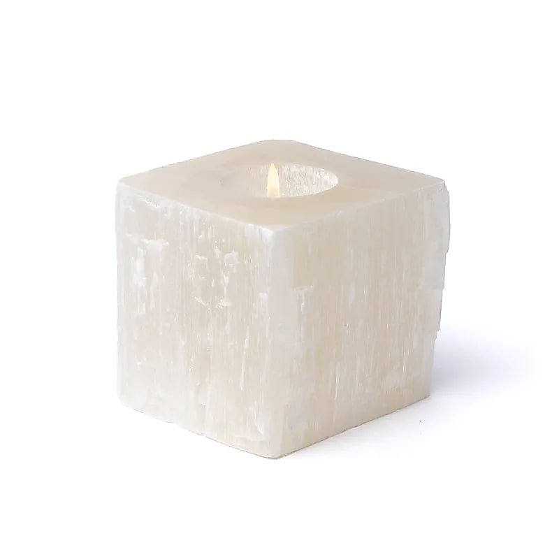 Lysestage – Hvid Selenit, Firkantet | Overblik, rensende energi & blødt lys