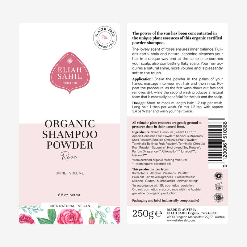 SHAMPOO POWDER MED ROSER , ØKOLOGISK - BEROLIGERE & GIVER FUGT