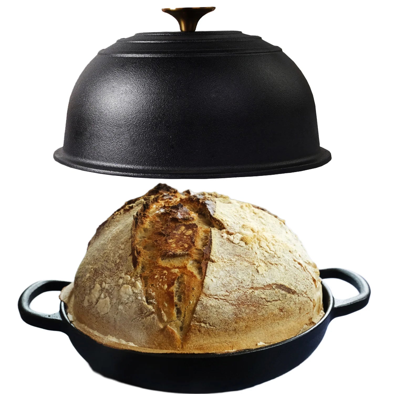 Rund støbejerns Bread Pan med låg til surdejsbrød, steam baking og sprød artisan skorpe.
