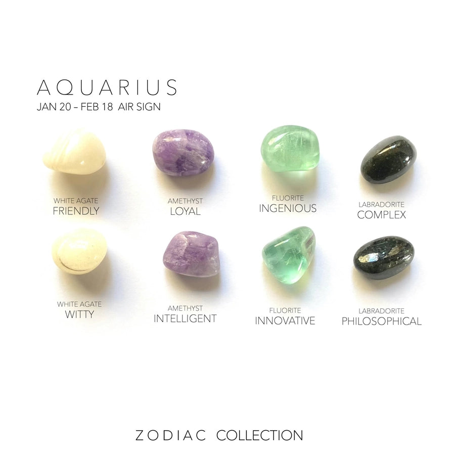 Aquarius krystaller til stjernetegnet Vandmanden, inklusiv hvid agat, ametyst, fluorite og labradorit