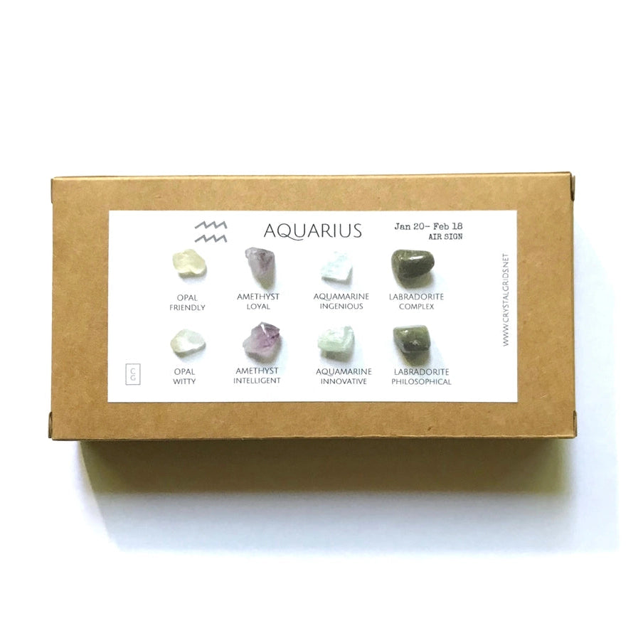 Aquarius krystaller til stjernetegnet Vandmanden, inklusiv hvid agat, ametyst, fluorite og labradorit