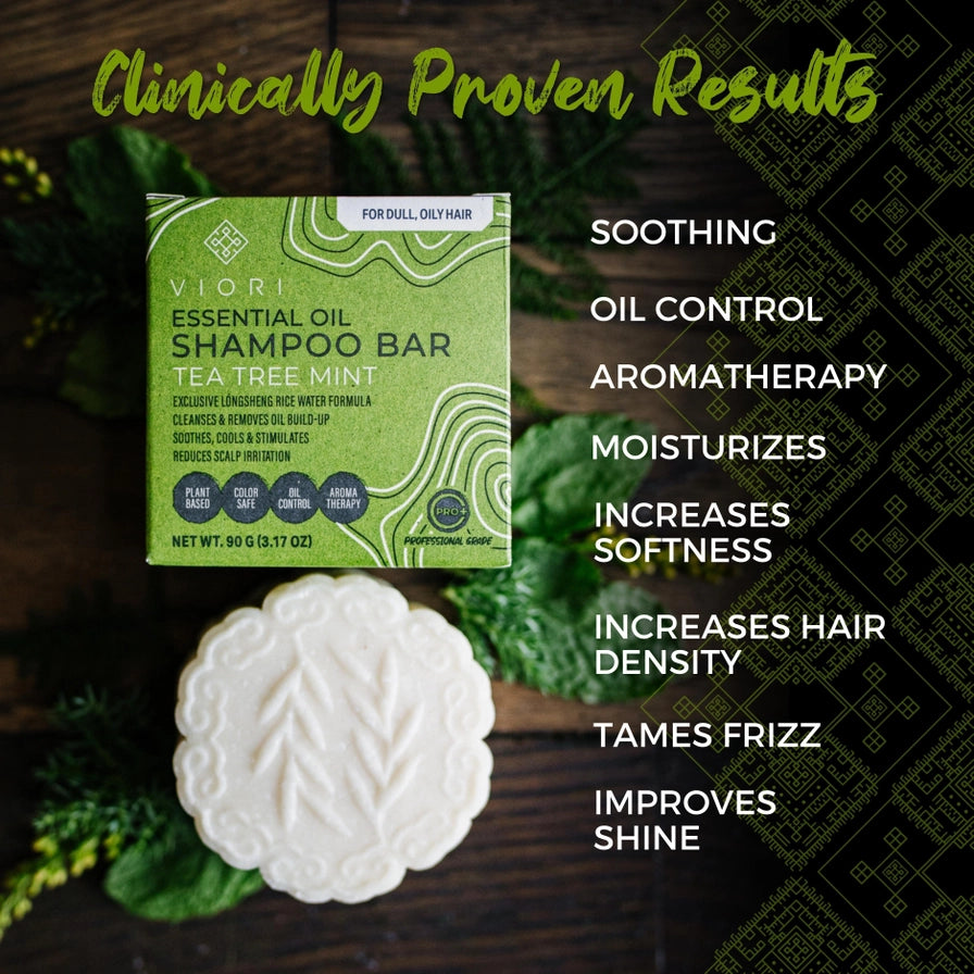 Dybderensende & styrkende shampoo bar med Rice Water, Tea Tree & Mint – perfekt til fedtet hår og hovedbund.