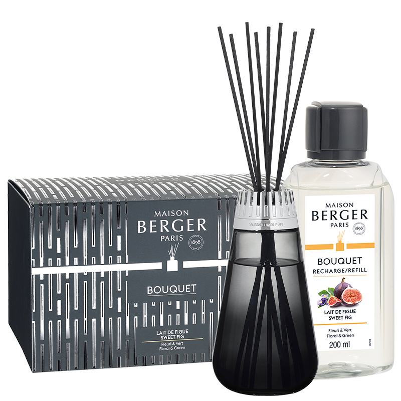 Sweet Fig Duftpinde - Amphora Flakon, Black & 200ml. Duft Refill - Frugt duft - Maison Berger