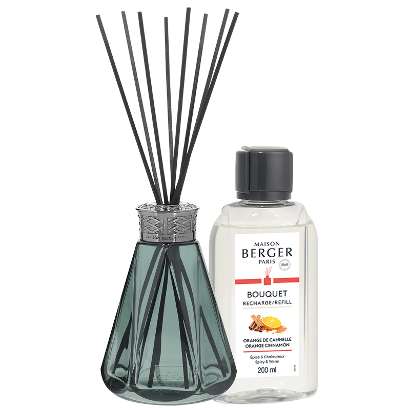 Orange Cinnamon Duftpinde - Pyramide Flakon, Vintage Green & 200 ml. Duft Refill - Sød duft - Maison Berger