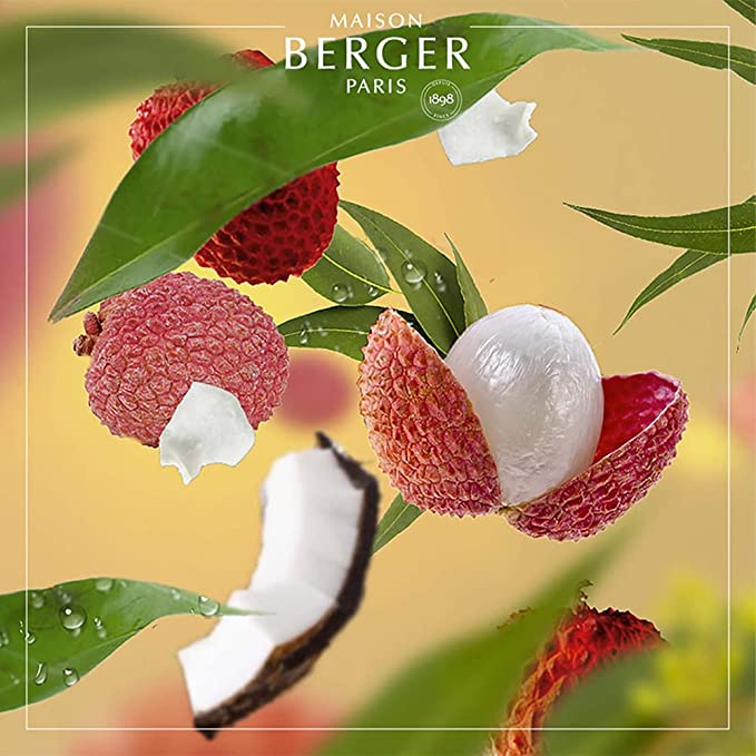 Lychee Paradise fra Maison Berger – et friskt og frugtrigt duftlys med noter af litchi, citrus og kokos, skabt til afslapning og sanselig hverdags luksus