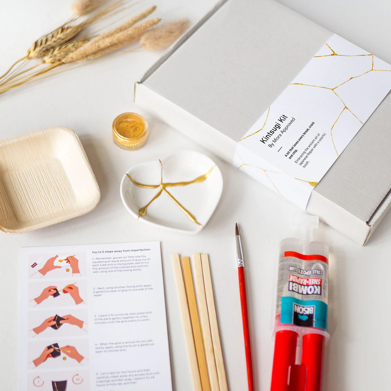 Kintsugi Reparationssæt med hjerteskål | Japansk reparationsteknik med guldlim