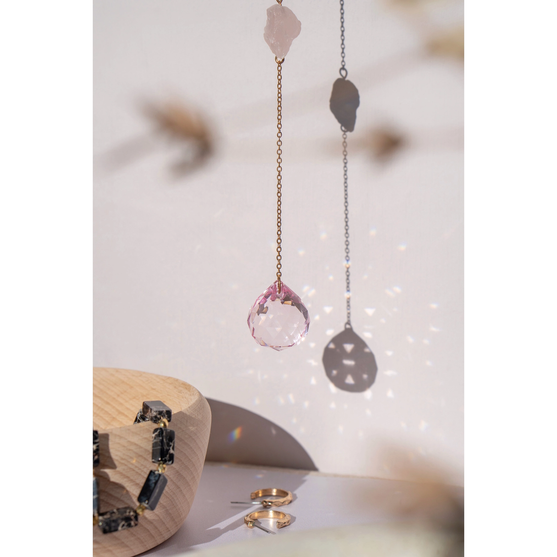 Krystal uro og Suncatcher - Rosenkvart Krystal og Pink agat - 32cm