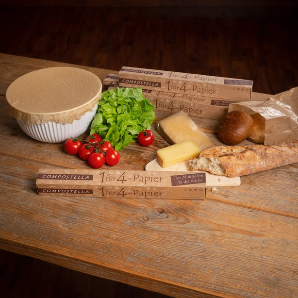 Compostella 1 for 4 Paper erstatter husholdningsfilm, aluminiumsfolie og bagepapir. Komposterbar husholdningsrulle 8 m – til bagning, opbevaring og madindpakning.