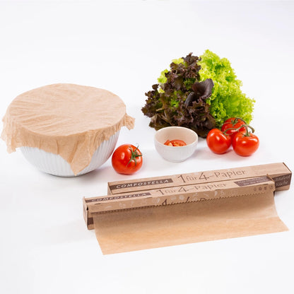 Compostella 1 for 4 Paper erstatter husholdningsfilm, aluminiumsfolie og bagepapir. Komposterbar husholdningsrulle 8 m – til bagning, opbevaring og madindpakning.