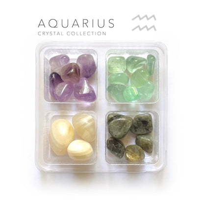 Aquarius krystaller til stjernetegnet Vandmanden, inklusiv hvid agat, ametyst, fluorite og labradorit