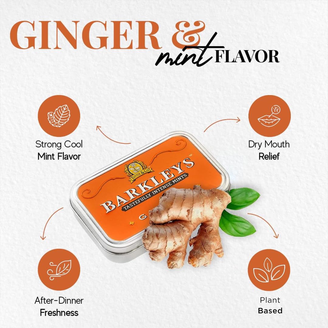 Barkleys Mint Ginger – frisk, intens og krydret mint i smuk retro æske. Vegansk og naturlig friskhed med langvarig effekt.