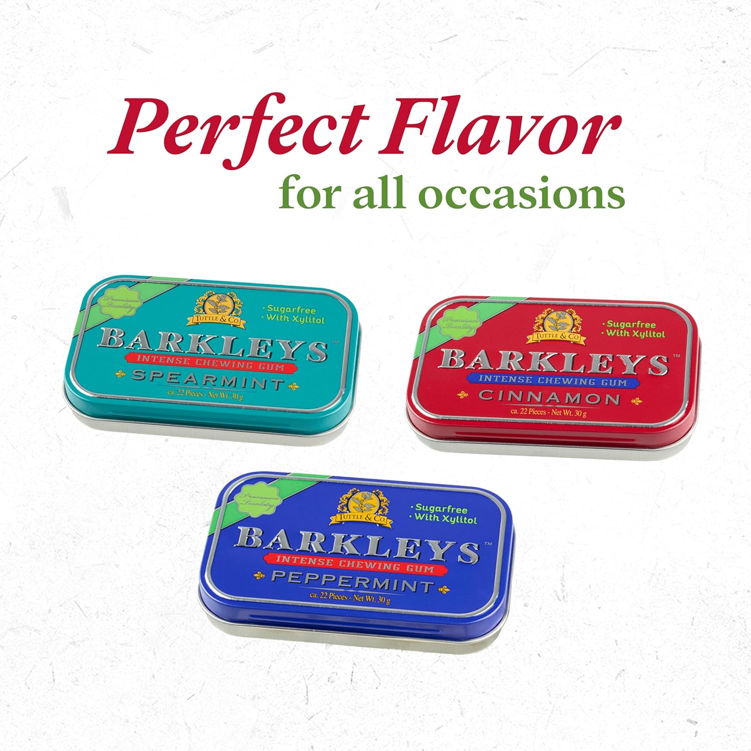 Barkleys Sugar Free Gum – naturlig sukkerfri tyggegummi med Xylitol i retro æske. Vælg mellem Peppermint, Spearmint eller Cinnamon.