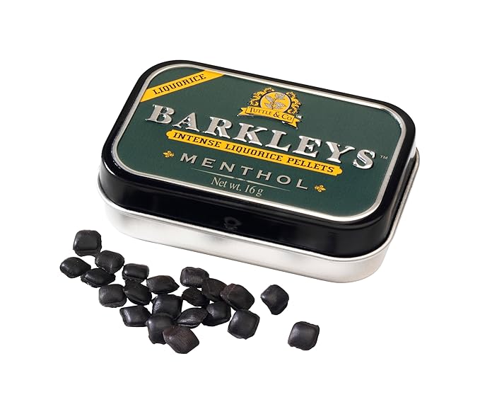 Barkleys Menthol Lakrids – vegansk pastil med intens lakrids og frisk menthol. Klassisk smag i stilfuld retro dåse.
