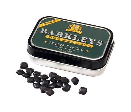 Barkleys Menthol Lakrids – vegansk pastil med intens lakrids og frisk menthol. Klassisk smag i stilfuld retro dåse.