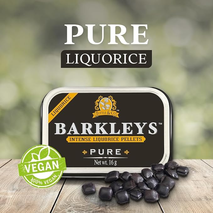 Barkleys Ren Lakrids Pastiller – klassisk, intens og naturlig lakridssmag i smuk retro æske. Vegansk og gelatinefri.
