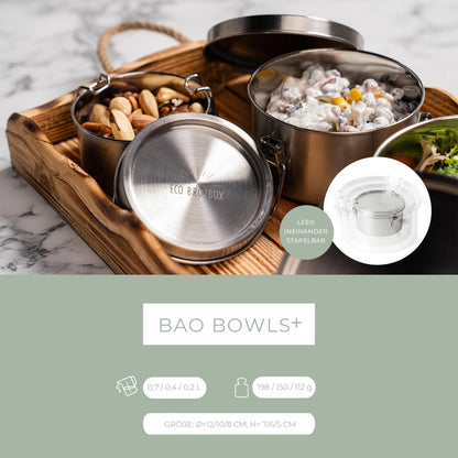 Bao Bowls+ sæt med tre runde lækagesikre madbeholdere i rustfrit stål fra ECO Brotbox