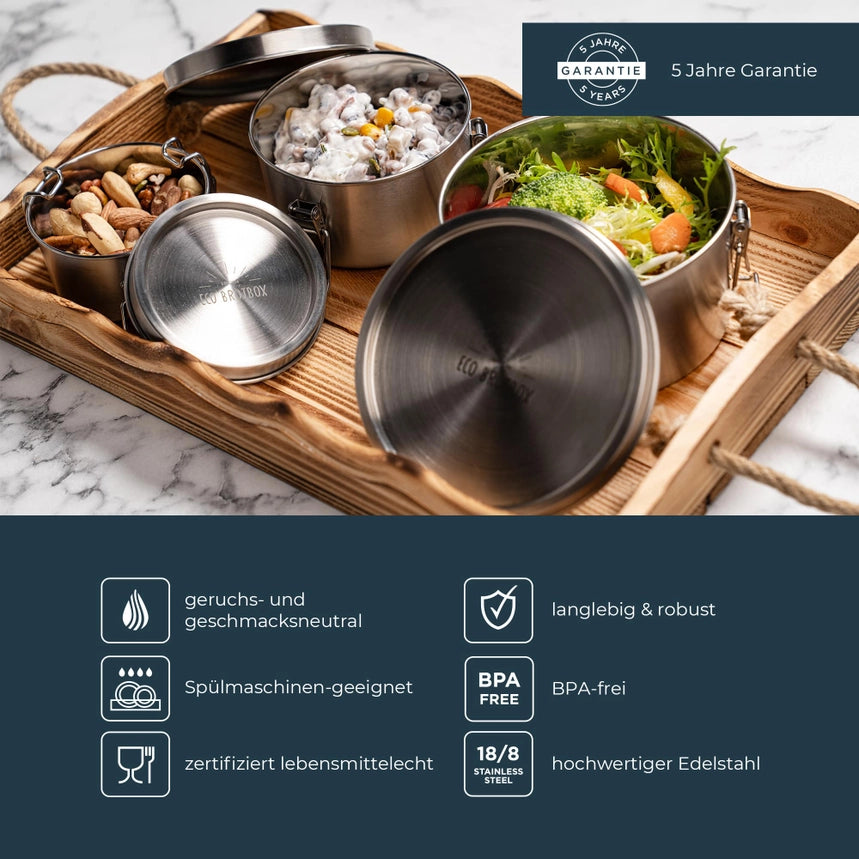 Bao Bowls+ sæt med tre runde lækagesikre madbeholdere i rustfrit stål fra ECO Brotbox