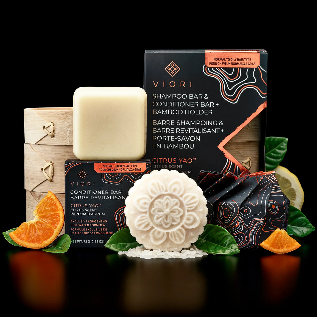 En luksuriøs hårplejepakke med Citrus Yao shampoo & conditioner bars samt bambus box – styrker håret, giver volumen og efterlader det frisk & glansfuldt.
