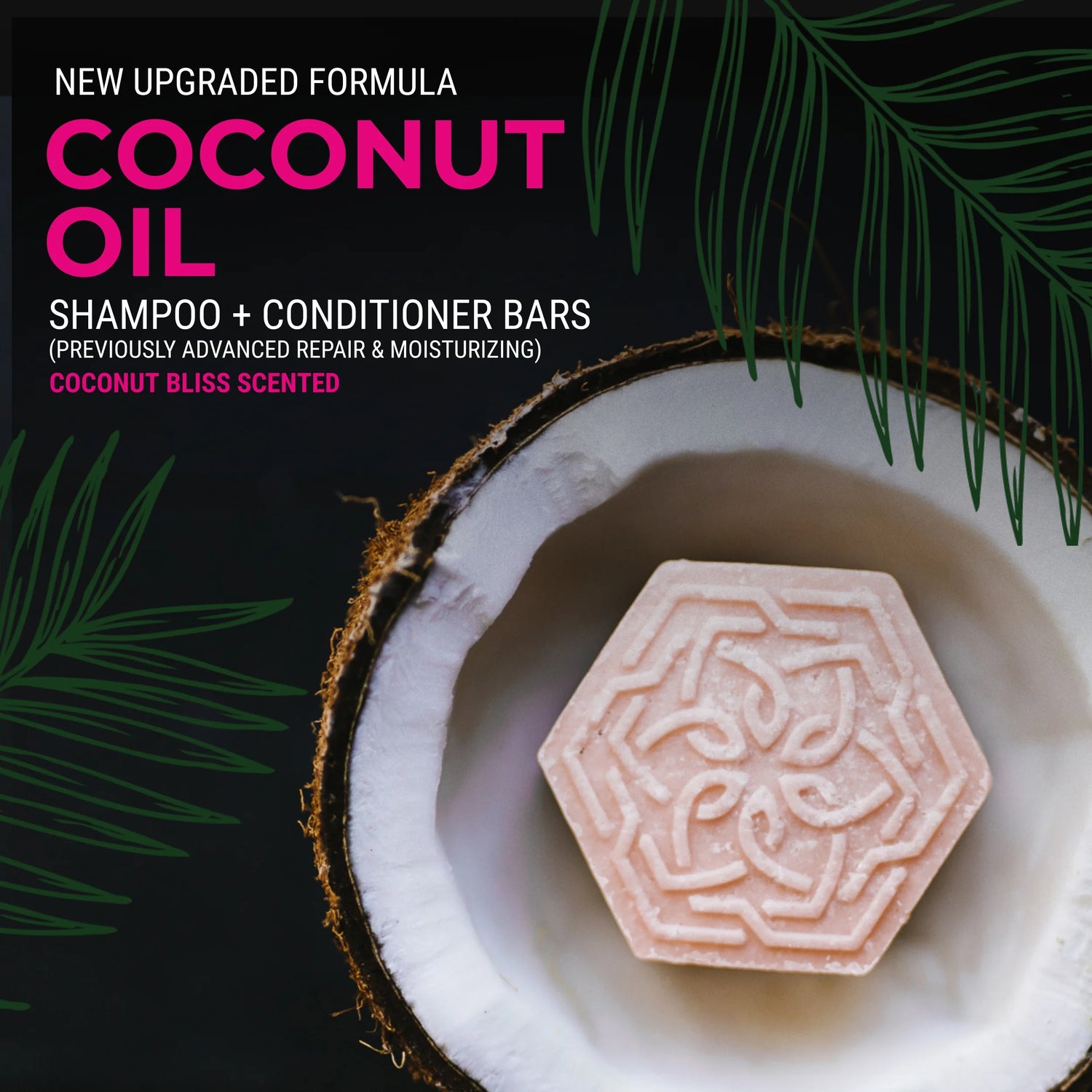 En tropisk shampoo bar med Coconut Bliss &amp; Rice Water, der tilfører fugt, styrke og volumen – perfekt til tørt og skadet hår.