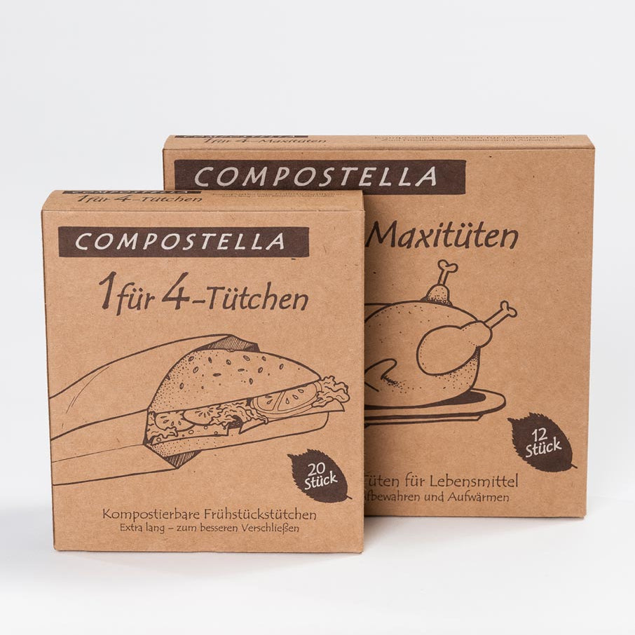 Compostella 1 for 4 Bags erstatter husholdningsfilm, aluminiumsfolie og bagepapir. Komposterbare poser til opbevaring, bagning og opvarmning – 100 % naturlige.