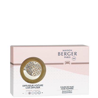 sanselig og elegant oplevelse med duften Musk Flowers bil luftfriskeren fra Maison Berger Paris.