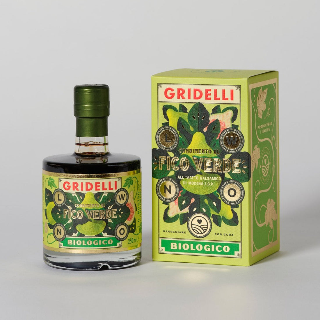 Gridelli Aceto Balsamico al Fico Verde – økologisk balsamico med grøn figen i 250 ml flaske.