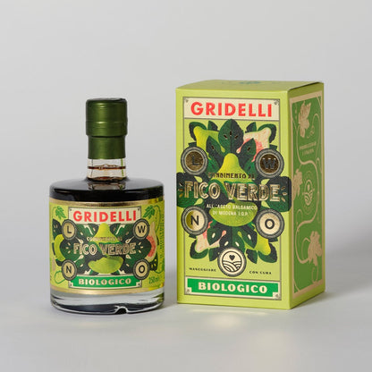 Økologisk Gridelli balsamico med grøn figen i glasflaske, produktlabel, madlavning, gourmet