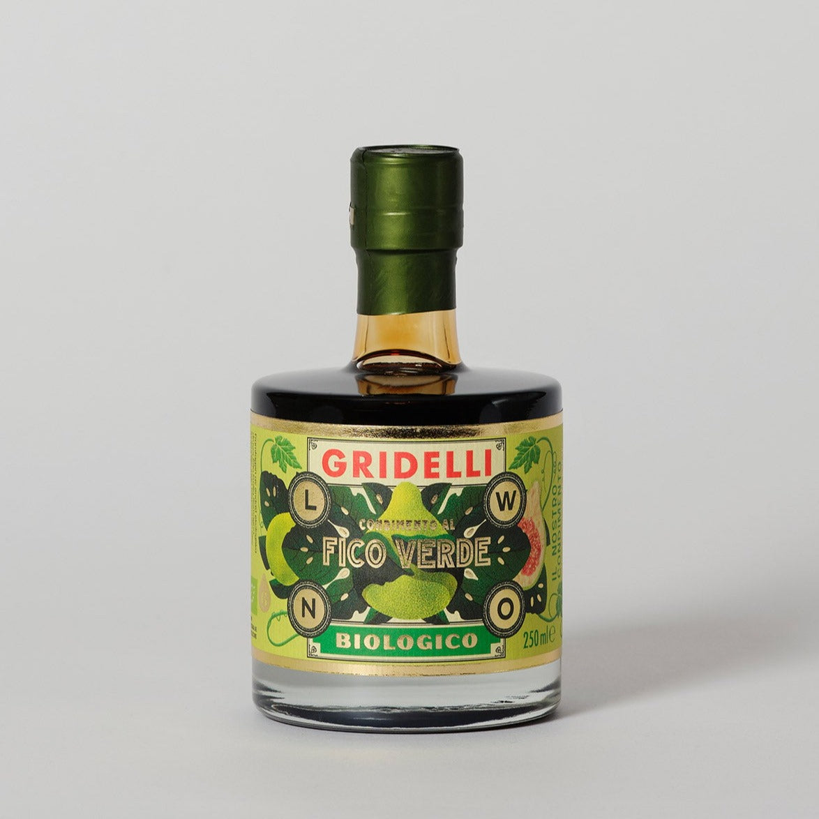 Økologisk Gridelli balsamico med grøn figen i glasflaske, produktlabel, madlavning, gourmet