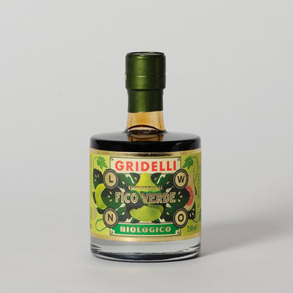 Økologisk Gridelli balsamico med grøn figen i glasflaske, produktlabel, madlavning, gourmet
