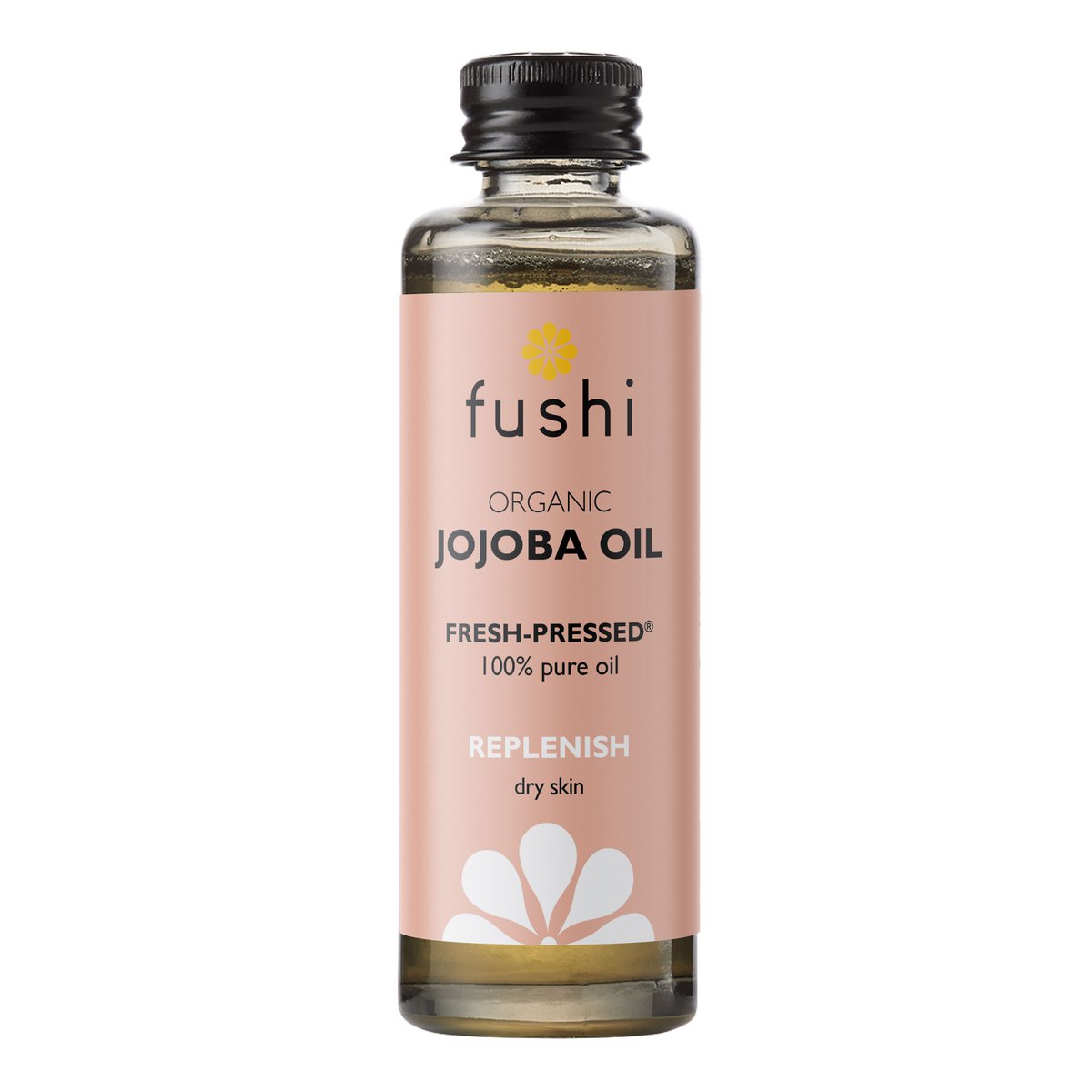 Økologisk jojoba olie fra Fushi i brunt glasflaske med dråbetænger til hud og hårpleje