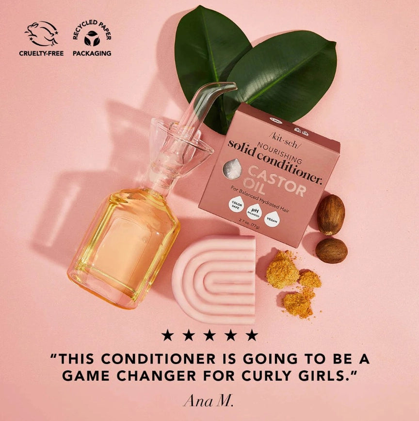 Fugtgivende balsam bar med castor oil. Styrker, blødgør og reducerer krus i tørt hår. Vegansk, bæredygtig &amp; zero-waste fra KITSCH.