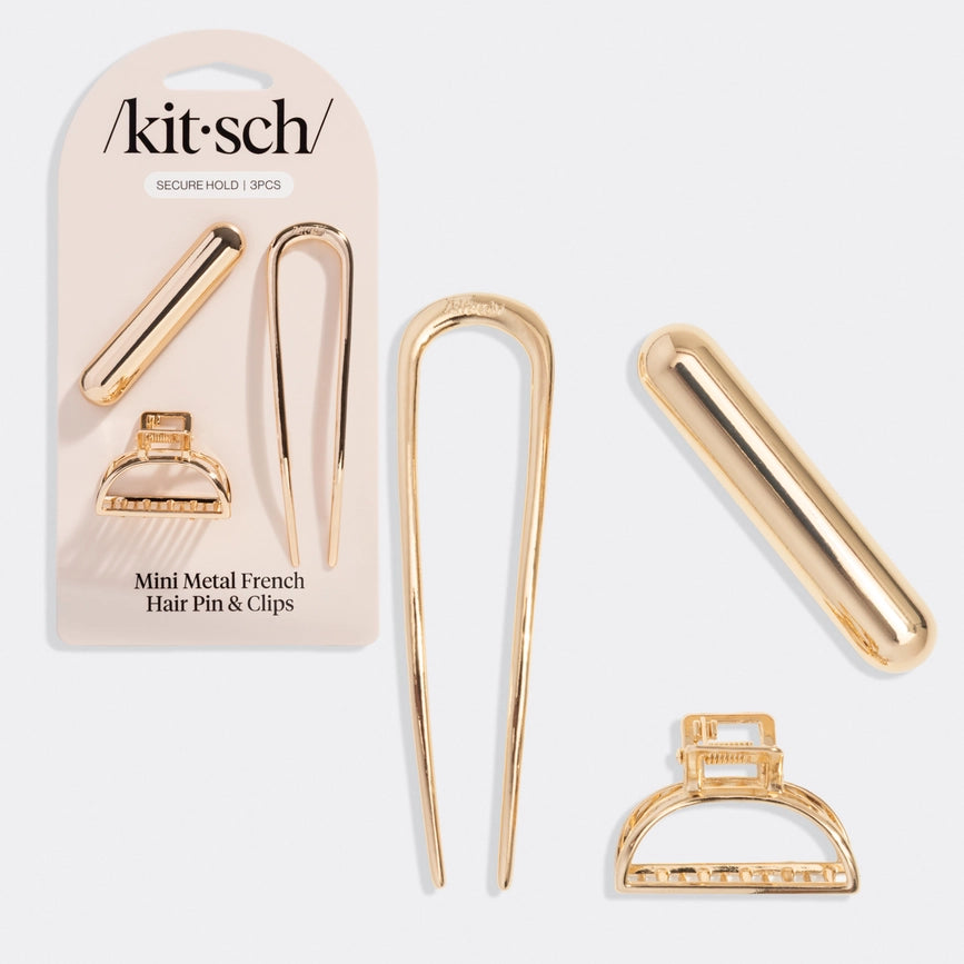 Elegant 3-delt sæt med mini fransk hårnål og clips i guld fra KITSCH. Perfekt til smukke, holdbare håropsætninger – zero-waste &amp; bæredygtig fra Studio Buus.