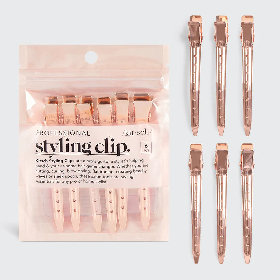 KITSCH Rose Gold Styling Clips – lette, elegante hårklemmer i rosa guld. Sikkert greb til styling, klipning og makeup. 6 stk. i professionel kvalitet.