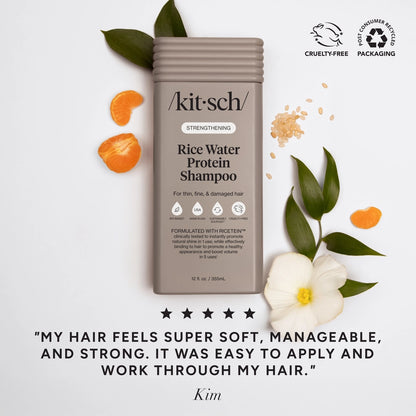 KITSCH Rice Water Shampoo styrker, reparerer og giver volumen til håret med risvand og naturlige proteiner. Fremmer hårvækst, reducerer hårbrud og giver glans.