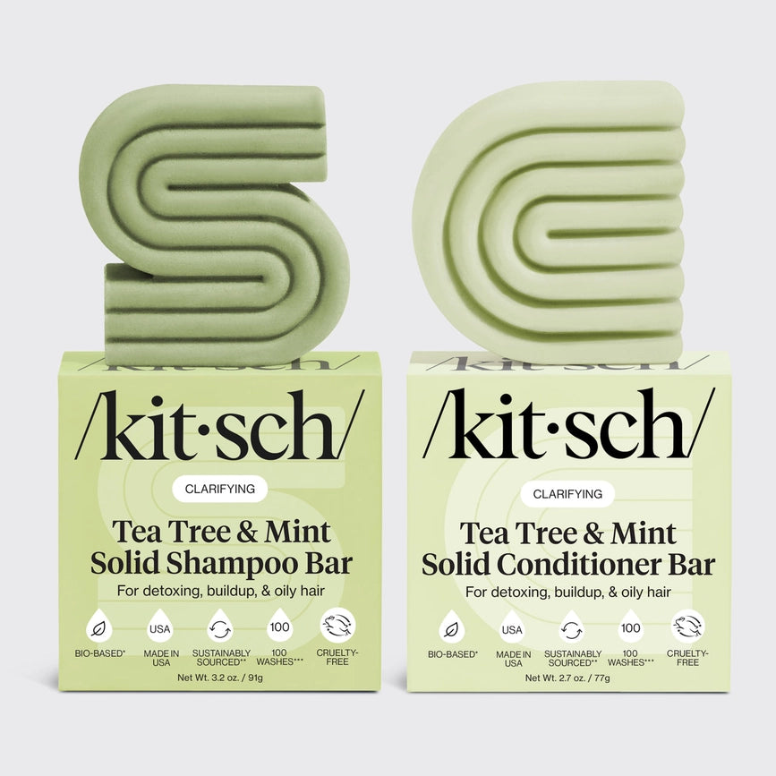 Rens, balancér og forfrisk hovedbunden med KITSCH Tea Tree &amp; Mint Shampoo &amp; Conditioner. Naturlige barer med tea tree-olie og mynte, der reducerer skæl