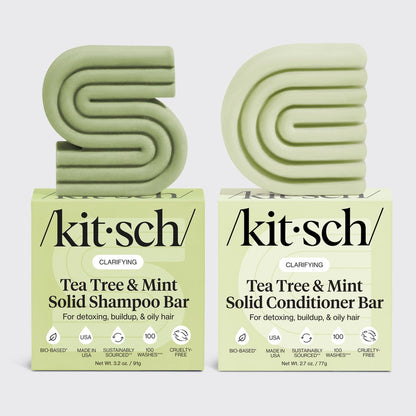 Rens, balancér og forfrisk hovedbunden med KITSCH Tea Tree &amp; Mint Shampoo &amp; Conditioner. Naturlige barer med tea tree-olie og mynte, der reducerer skæl