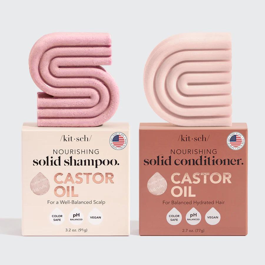 Få sundt, glansfuldt hår med KITSCH Castor Oil Shampoo &amp; Conditioner. Fugtgivende og styrkende hårplejesæt med ricinusolie, vegansk, bæredygtig og fri for sulfater