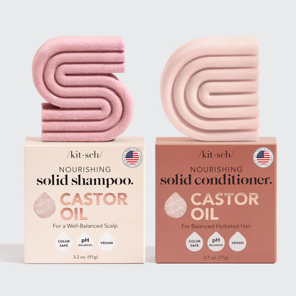 Få sundt, glansfuldt hår med KITSCH Castor Oil Shampoo &amp; Conditioner. Fugtgivende og styrkende hårplejesæt med ricinusolie, vegansk, bæredygtig og fri for sulfater