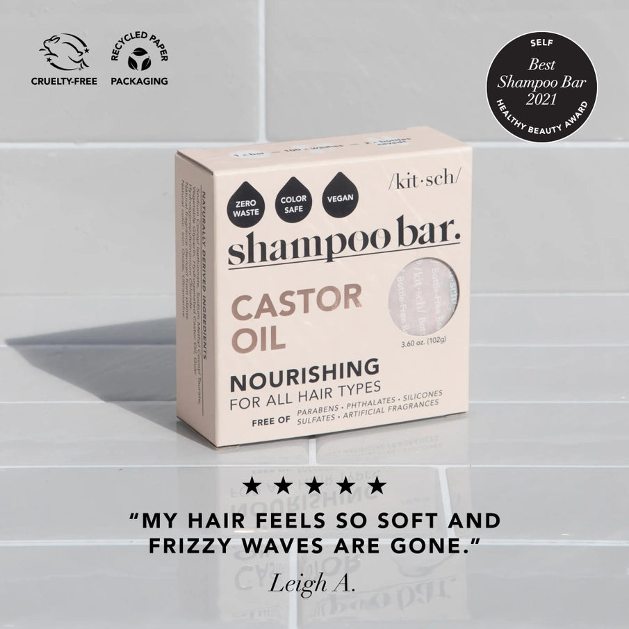 KITSCH Castor Oil Shampoo Bar – fugtgivende og styrkende hårpleje til tørt og beskadiget hår med ricinol, der plejer, styrker og stimulerer hårvækst. Vegansk, cruelty-free &amp; Zero Waste.
