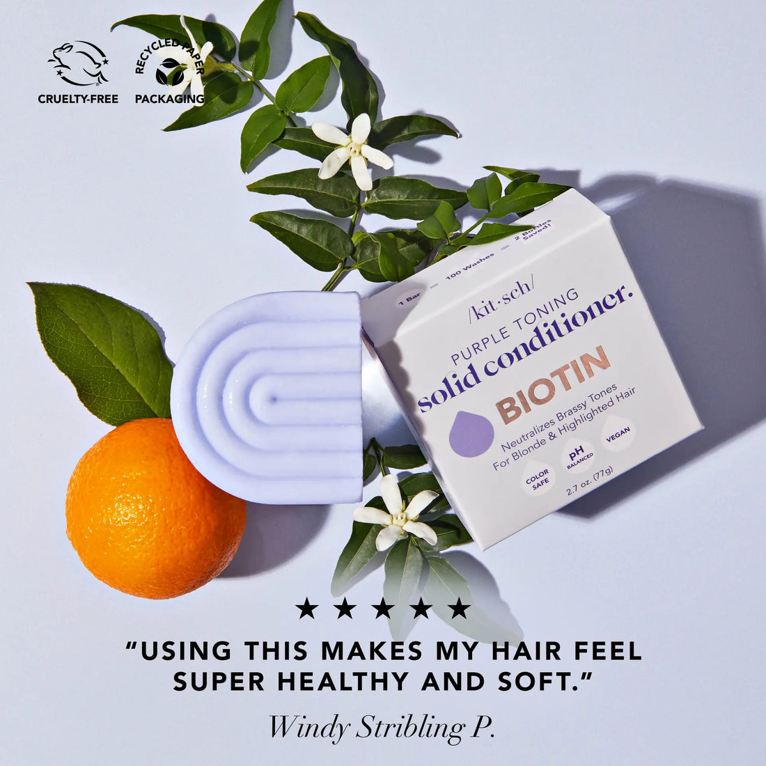 Purple conditioner bar med biotin. Neutraliserer gule toner &amp; styrker blondt og farvet hår. Vegansk, bæredygtig &amp; plastikfri hårpleje fra KITSCH.