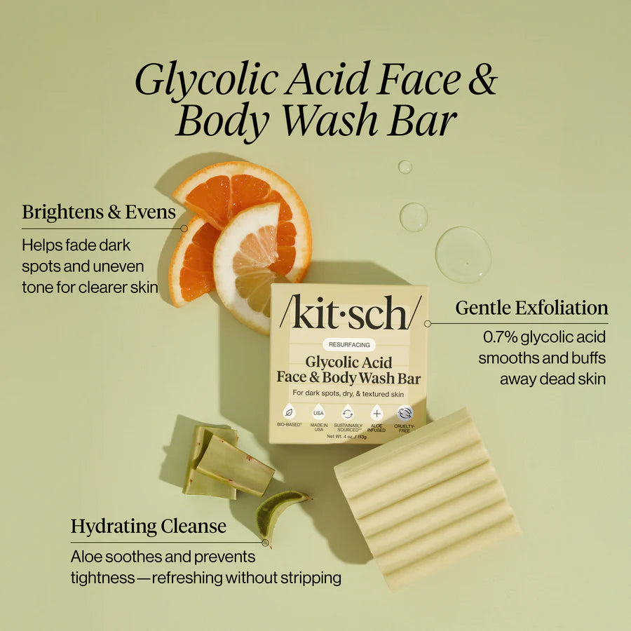 Skånsom eksfoliering med KITSCH Glycolic Acid Bar. Rens &amp; forny hudens glød med glykolsyre, aloe vera &amp; eucalyptus – vegansk &amp; plastikfri.