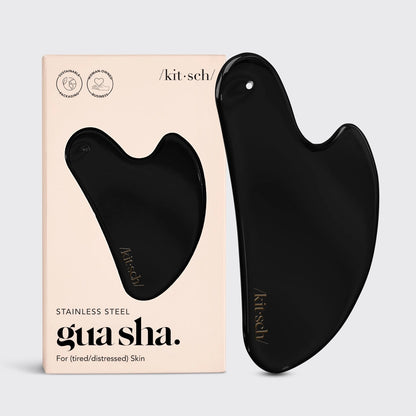 KITSCH Gua Sha i rustfrit stål – et luksuriøst og hygiejnisk redskab, der stimulerer blodcirkulation, reducerer spændinger og giver en frisk glød. Perfekt til daglig ansigtsmassage.