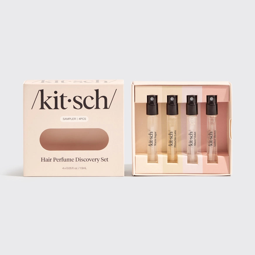 KITSCH Hair Perfume Discovery Set – 4 minis til hår, krop & tekstil. Neutraliserer lugt, perfekt til rejser, hverdag & layering. Vegansk & travel-friendly.