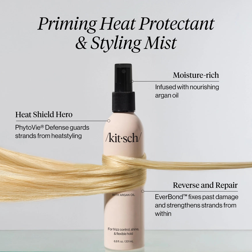Beskyt håret mod varme op til 230°C med KITSCH Heat Protectant &amp; Styling Mist. Vegansk formel med argan olie og Everbond™ styrker, plejer og giver glans.