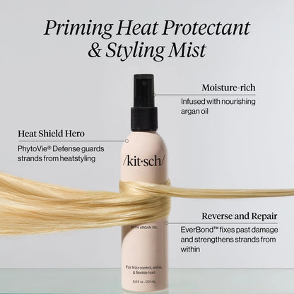 Beskyt håret mod varme op til 230°C med KITSCH Heat Protectant &amp; Styling Mist. Vegansk formel med argan olie og Everbond™ styrker, plejer og giver glans.
