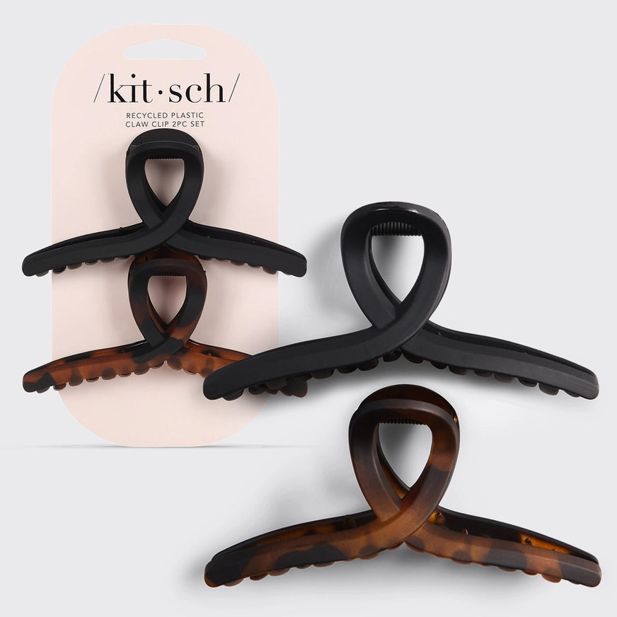 KITSCH Loop Claw Clips i mat recycled plast giver elegant og holdbart greb til alle hårtyper. Miljøvenligt hårklemme sæt i klassisk sort og tort.
