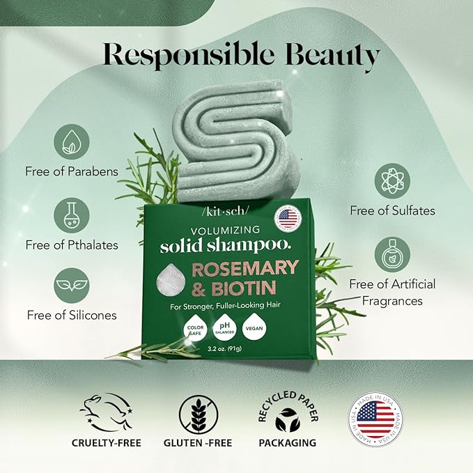 KITSCH Rosemary &amp; Biotin Shampoo Bar – styrkende og volumengivende hårpleje med NaturePep® Amaranth. Fremmer hårvækst, styrker håret og giver glans. Vegansk, cruelty-free &amp; Zero Waste.