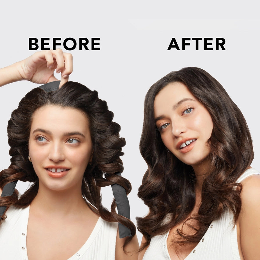 Få smukke krøller uden varme. KITSCH Satin Heatless Curling Set i Charcoal giver bløde bølger, volumen og glans – OEKO-TEX® certificeret &amp; vegansk.