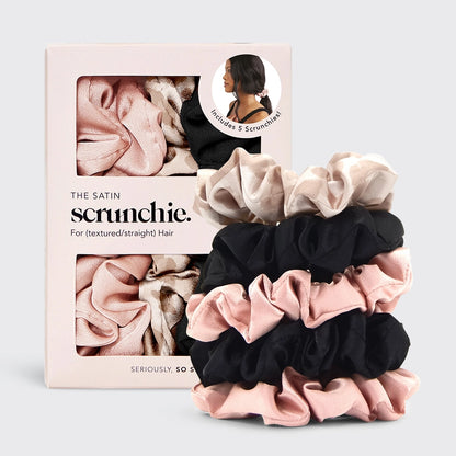 KITSCH Satin Hårelastikker – 5 stk. neutrale scrunchies i blødt, vegansk satin. Reducerer brud og frizz, beskytter håret og giver elegant styling.