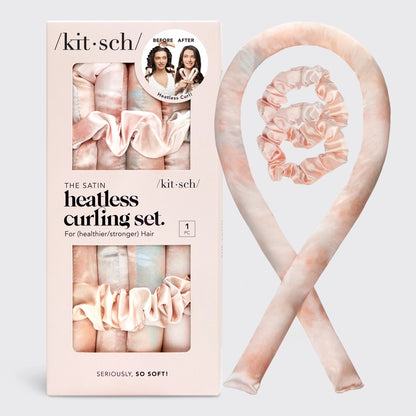 Få smukke krøller uden varme. KITSCH Satin Heatless Curling Set i Tie dye giver bløde bølger, volumen og glans – OEKO-TEX® certificeret &amp;amp; vegansk.
